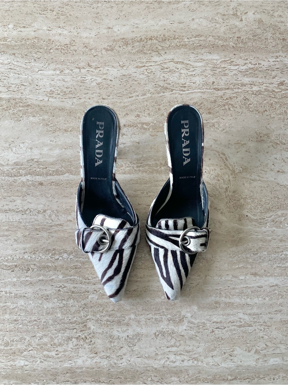 Vintage Prada Zebra Pony Hair Buckle Mule Heels